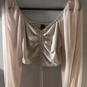 SHEIN Tan Cream Ruched Crop Blouse